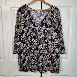 Good Days Only Navy Floral V-Neck 3/4 Roll-Tab Sleeve Plus Size Top 2X Travel